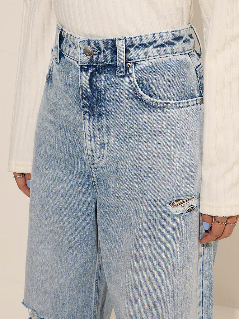 Nuon Blue Ripped Relaxed-Fit High-Rise Jeans