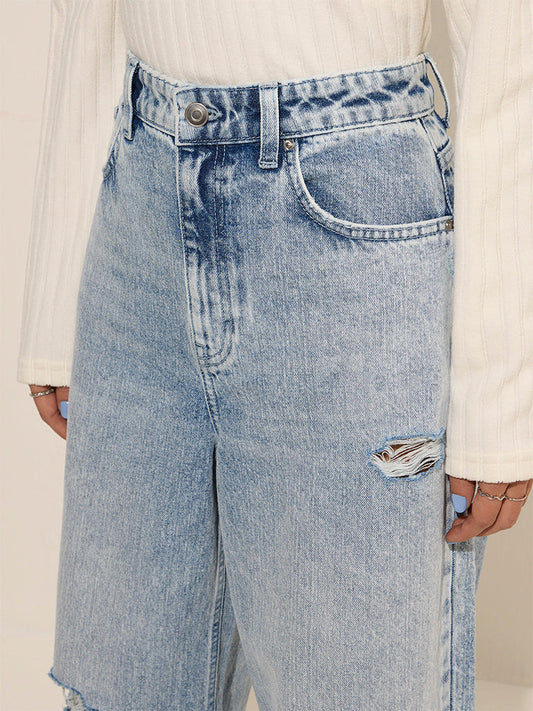 Nuon Blue Ripped Relaxed-Fit High-Rise Jeans