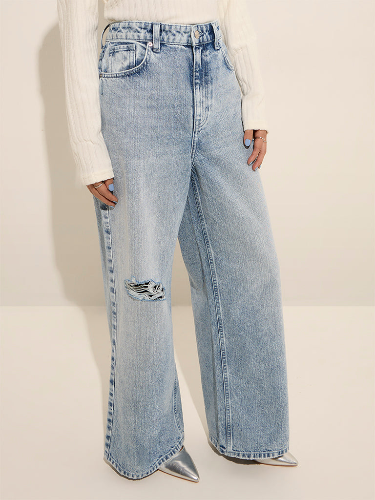 Nuon Blue Ripped Relaxed-Fit High-Rise Jeans