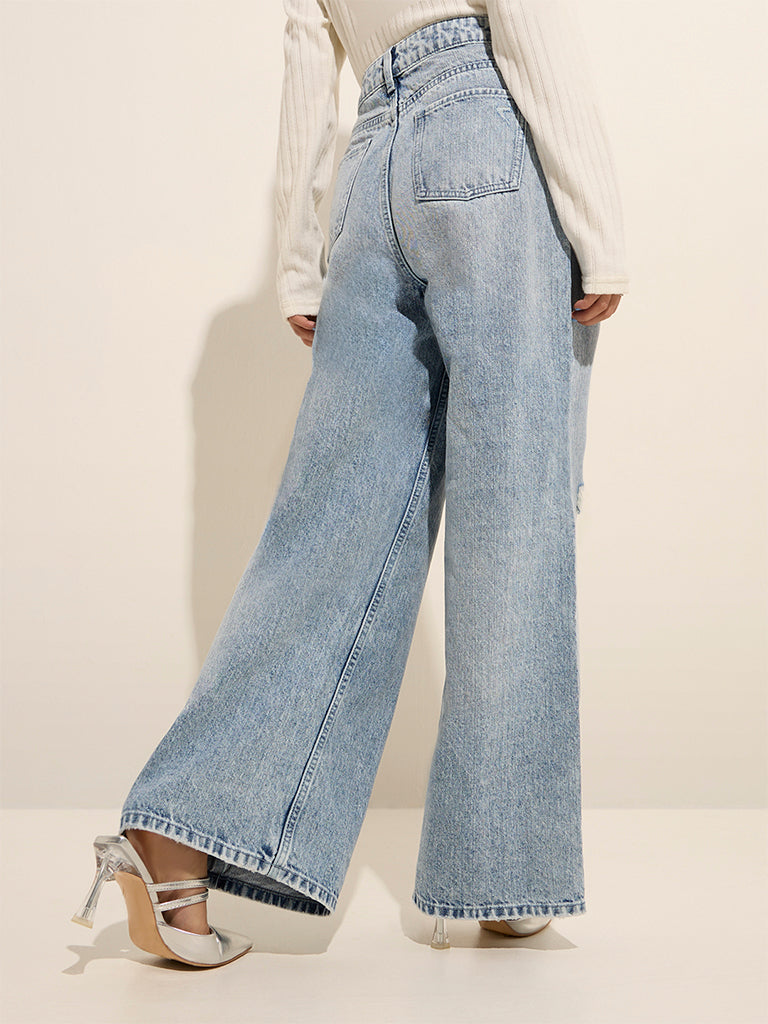 Nuon Blue Ripped Relaxed-Fit High-Rise Jeans