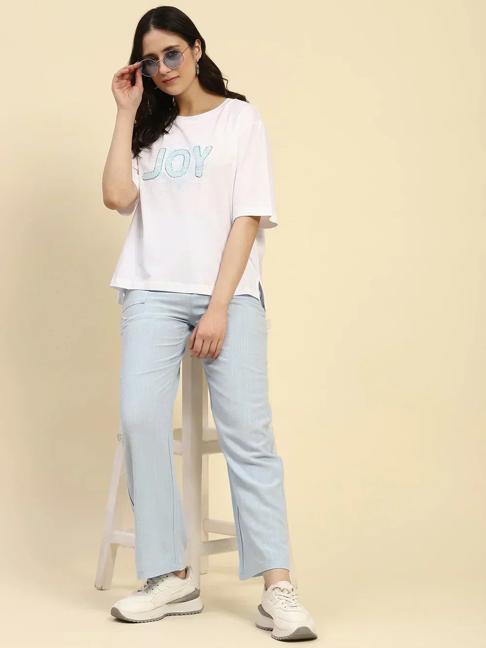 H&_M Blue Solid Cotton Linen Relaxed Fit Trouser