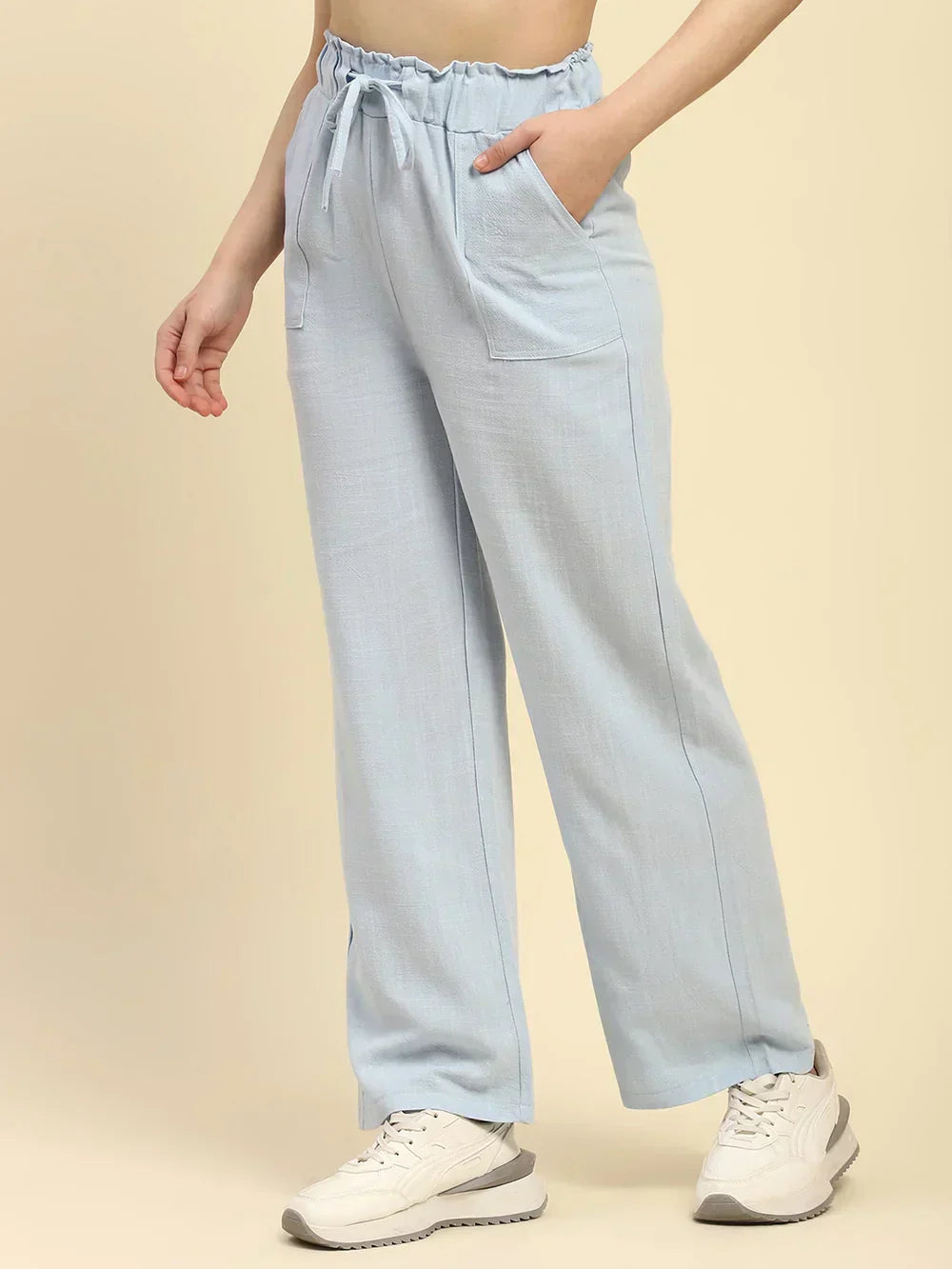 H&_M Blue Solid Cotton Linen Relaxed Fit Trouser