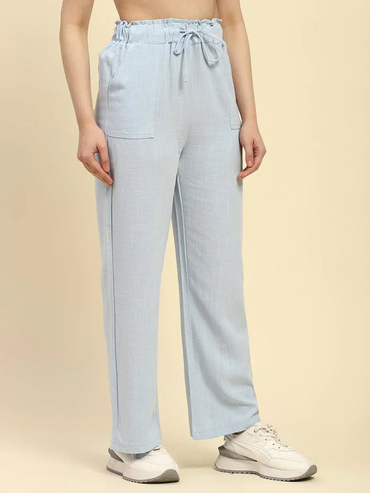 H&_M Blue Solid Cotton Linen Relaxed Fit Trouser
